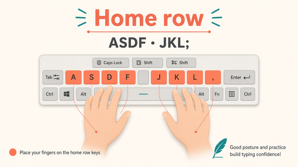 Sit upright with fingers resting on ASDF and JKL;